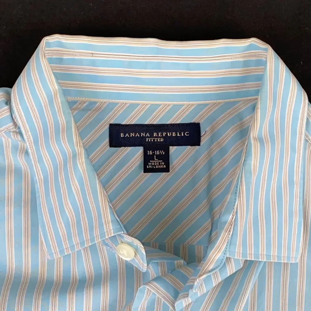 Banana Republic Fitted L 16-16 1/2 Aqua Blue,Tan & White Stripe Cotton Shirt